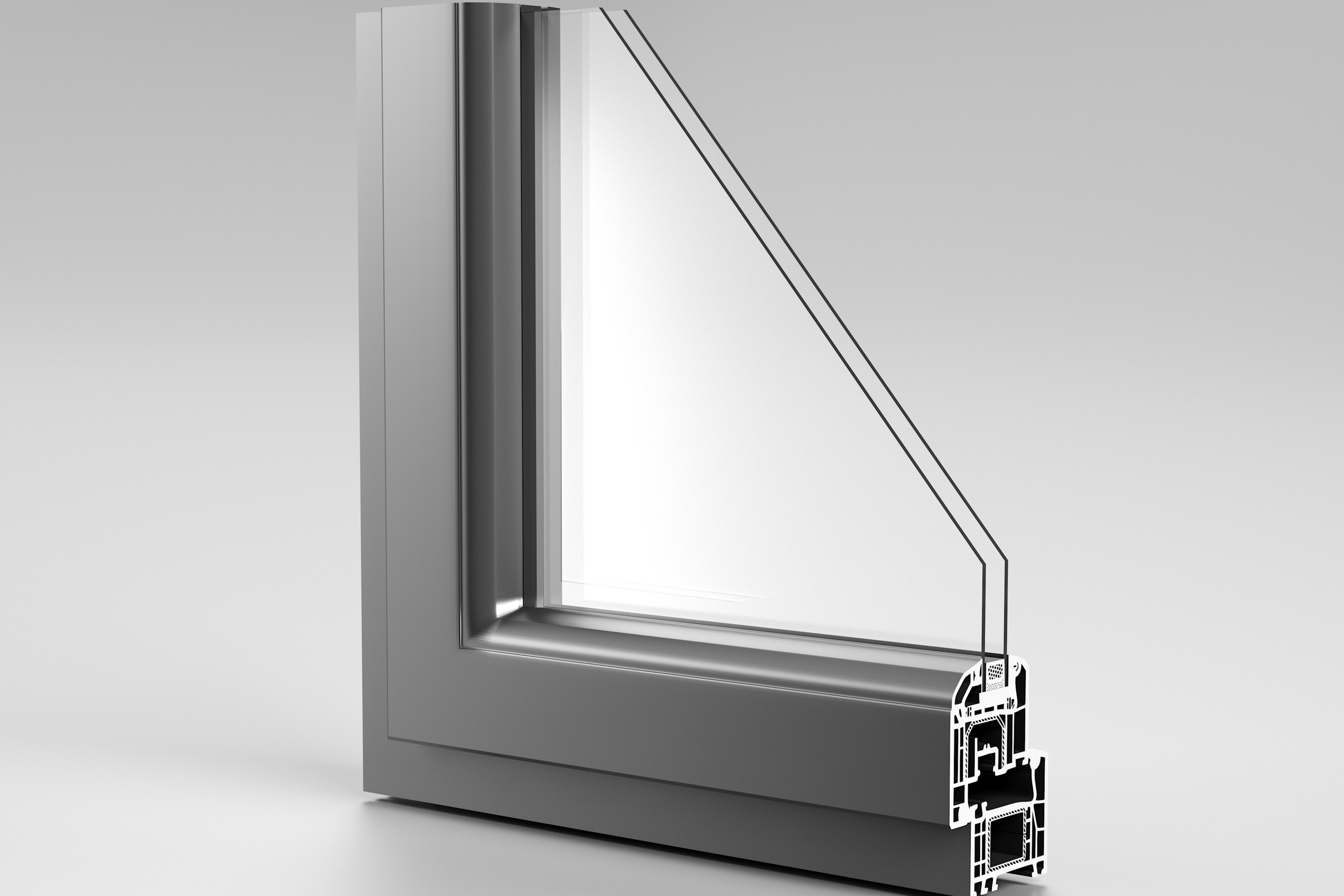 Realistische Winkel abgeschnitten modernen PVC-Aluminium-Metall-Home-Fenster hohe Qualität grau Profil mit zwei Gläsern Wirtschaft energieeffizientes Konzept auf weißem Hintergrund und Reflexion 3D-Rendering Illustration