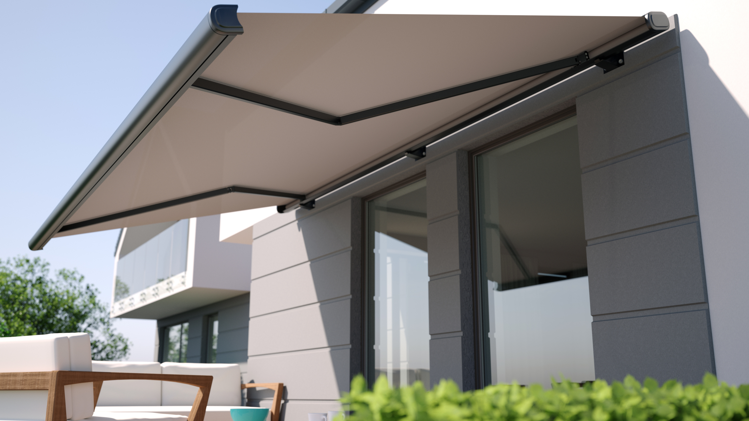 Awning and house terrace, 3D illustration - Lizenzfrei Sonnensegel Stock-Foto