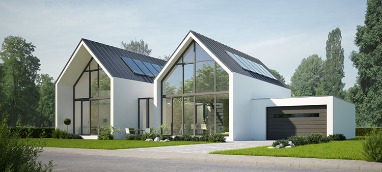 Modernes Haus mit Garten und Garage 3D Modell Illustration